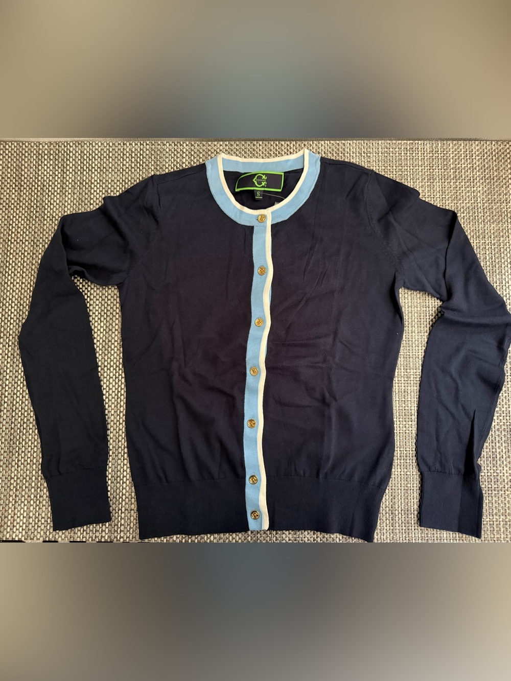 Women's C Wonder Navy Short Sleeve Cardigan with Light Blue and Cream Trim